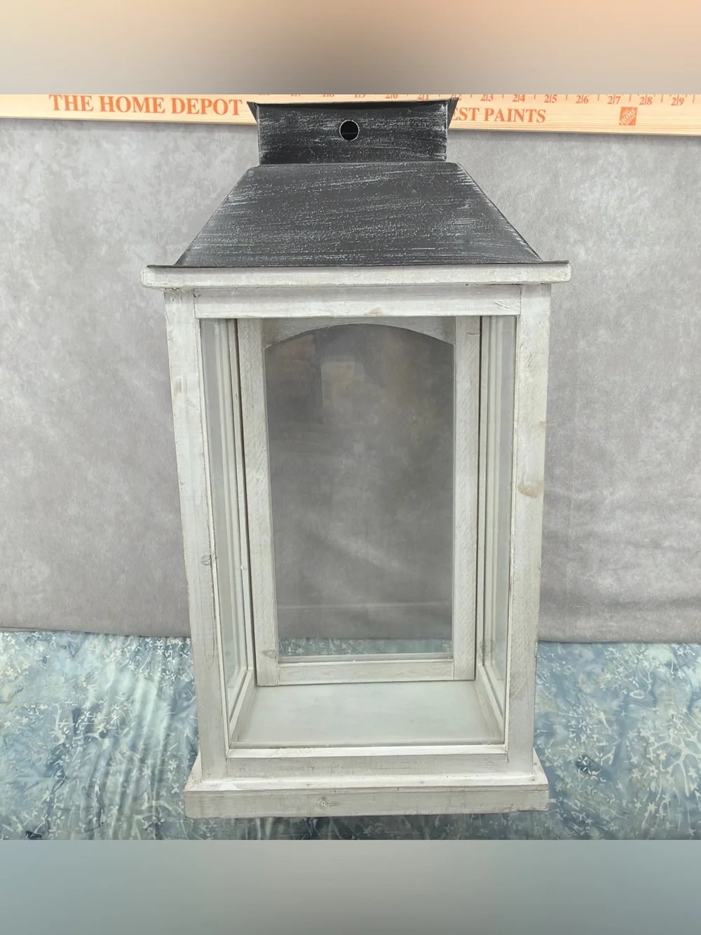 Rustic White Wooden Lantern with Black Metal Top - Home Accents